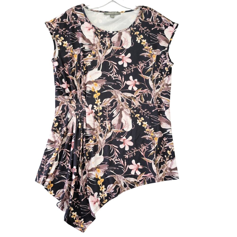 Kate Mallory Black Shirt Stretch Trendy Cottage Floral Sleeveless Women's Size L